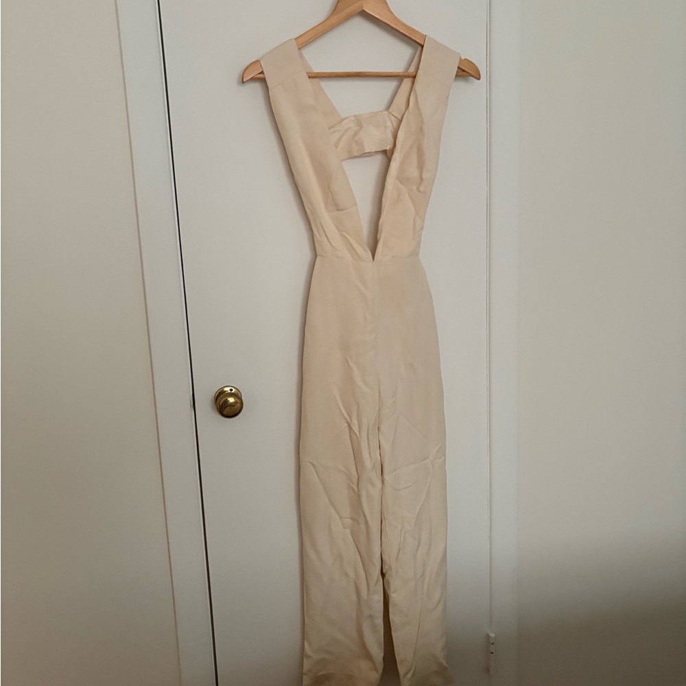Raw silk cream ribbed jumpsuit